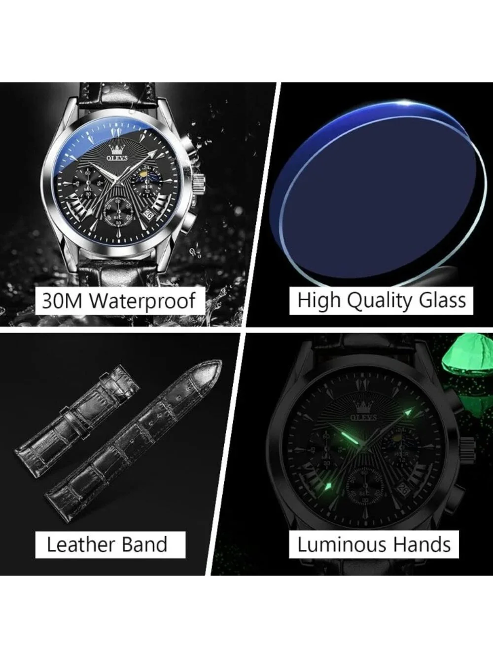 Men's Black Leather Chronograph Watch Big Face Waterproof Date Luminous Watch